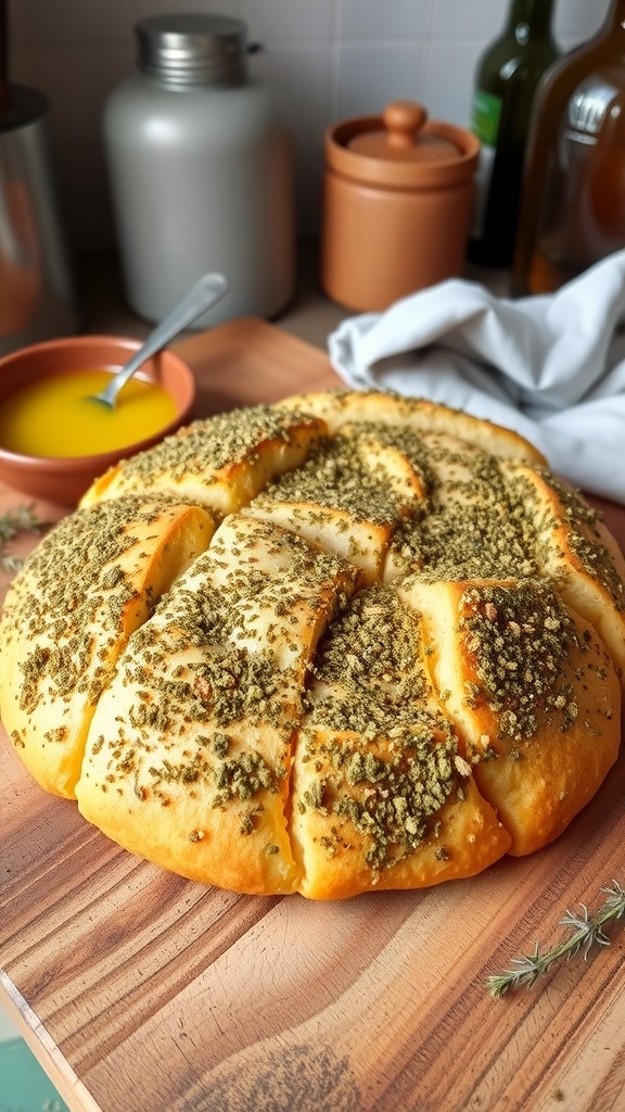 Homemade Zaatar Bread Recipe Golden brown homemade zaatar bread topped with zaatar spice mix on a wooden board with olive oil.